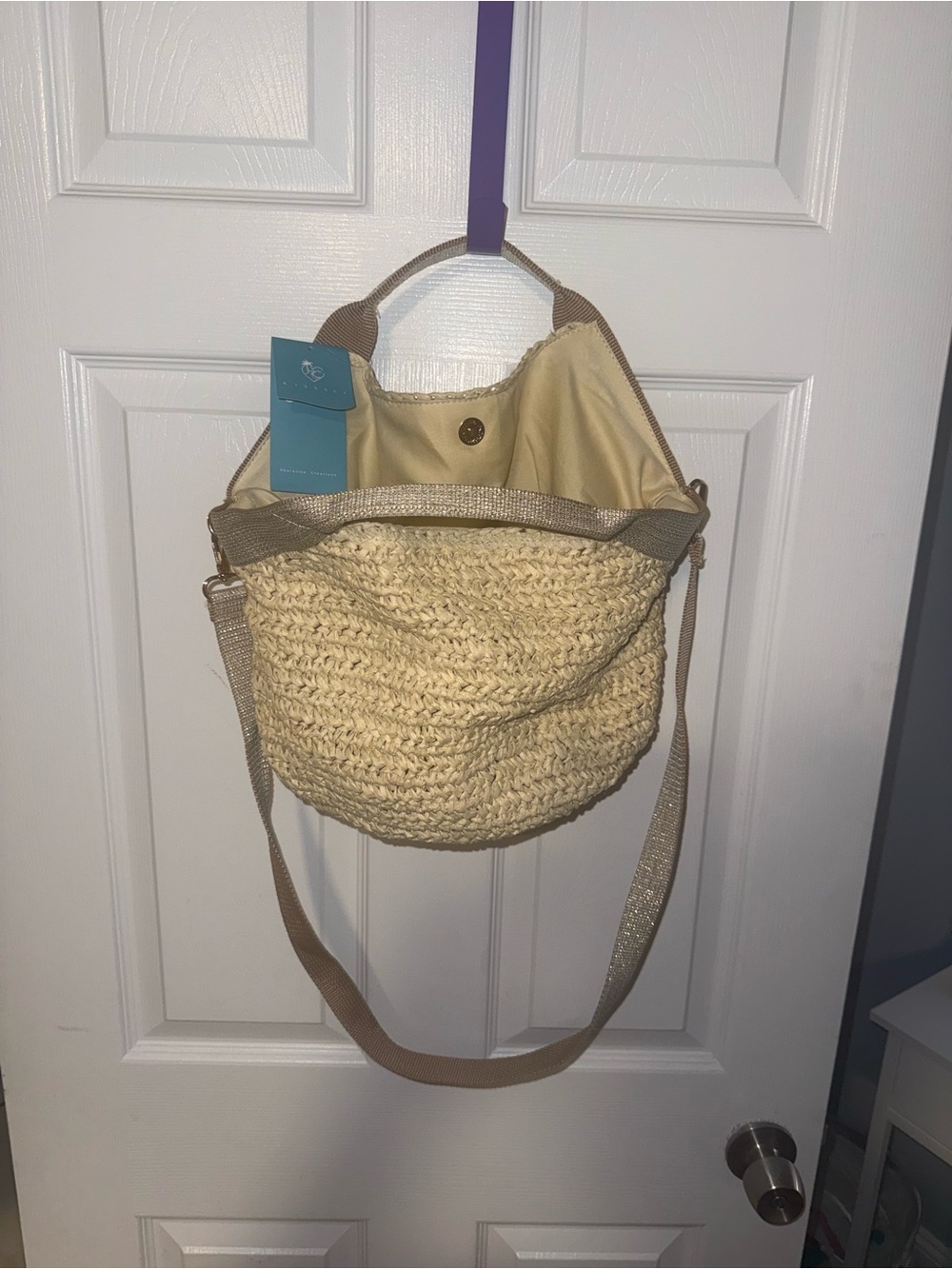 Woven Straw Shoulder Bag in Cream with Tan Trim